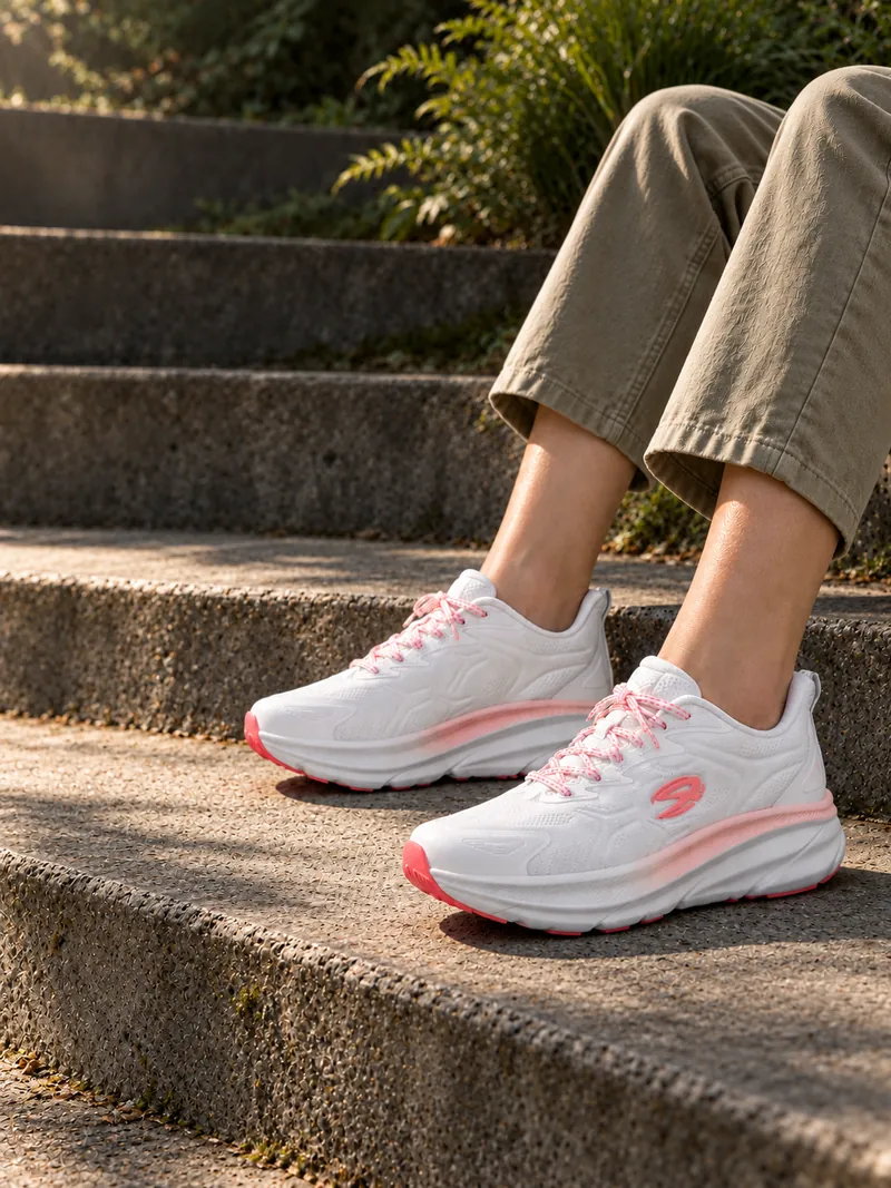 White and pink EOPAIA L332952 sneakers worn while resting on park steps