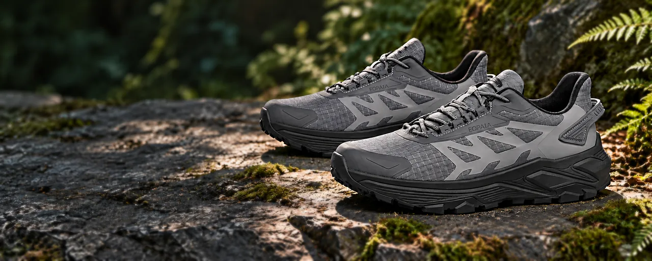 Grey EOPAIA outdoor sneakers on a mossy rock ledge